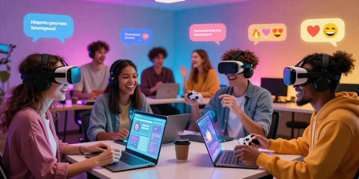 Exciting AI 18+ chat room atmosphere with diverse users engaging in playful conversations and vibrant backgrounds.