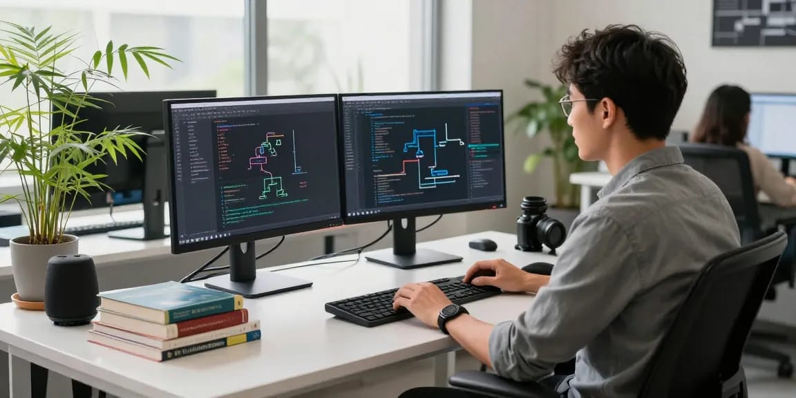 Professional workspace showcasing large language models development with dual monitors and innovative tech atmosphere.