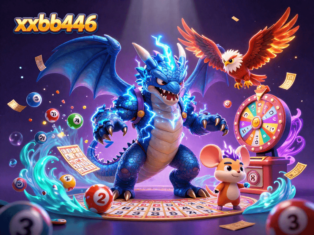 Engage with exciting games at xxbb446, featuring vibrant illustrations of animated lottery and casino elements.
