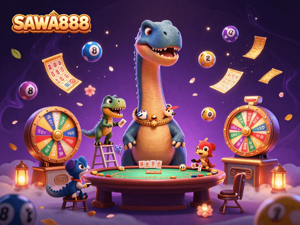 SAWA888 delivers exhilarating gaming experiences with vibrant visuals and engaging characters in this illustration.