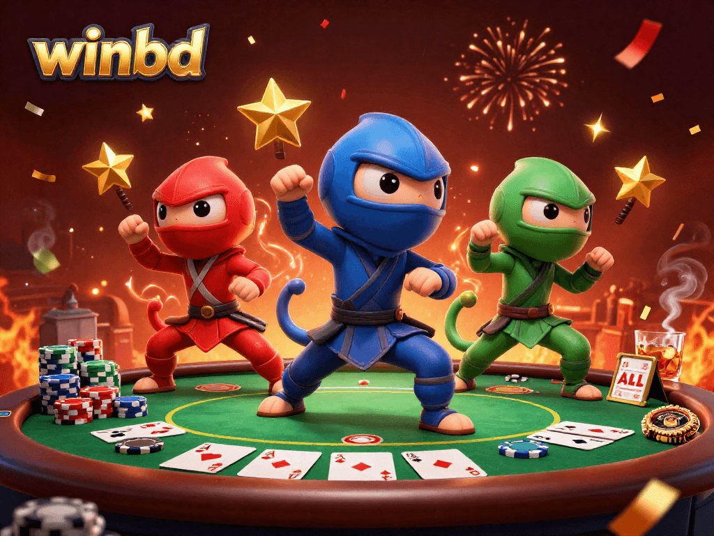 Winbd chameleon ninjas showcasing poker skills with vibrant elements in a celebratory atmosphere.