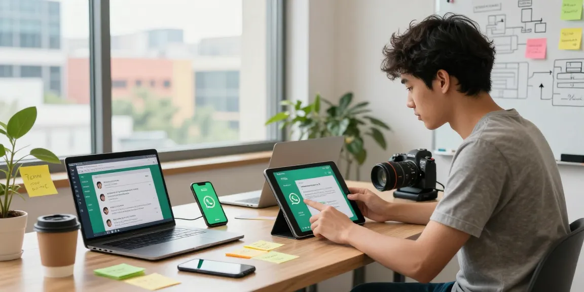 WhatsApp下載 app interface on a tablet in a modern workspace with vibrant city backdrop.