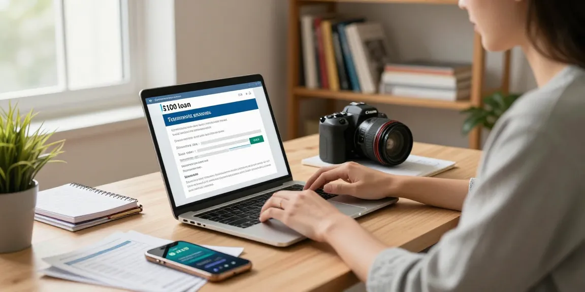 A person applying for a $100 loan online in a cozy home office, surrounded by bills and financial resources.