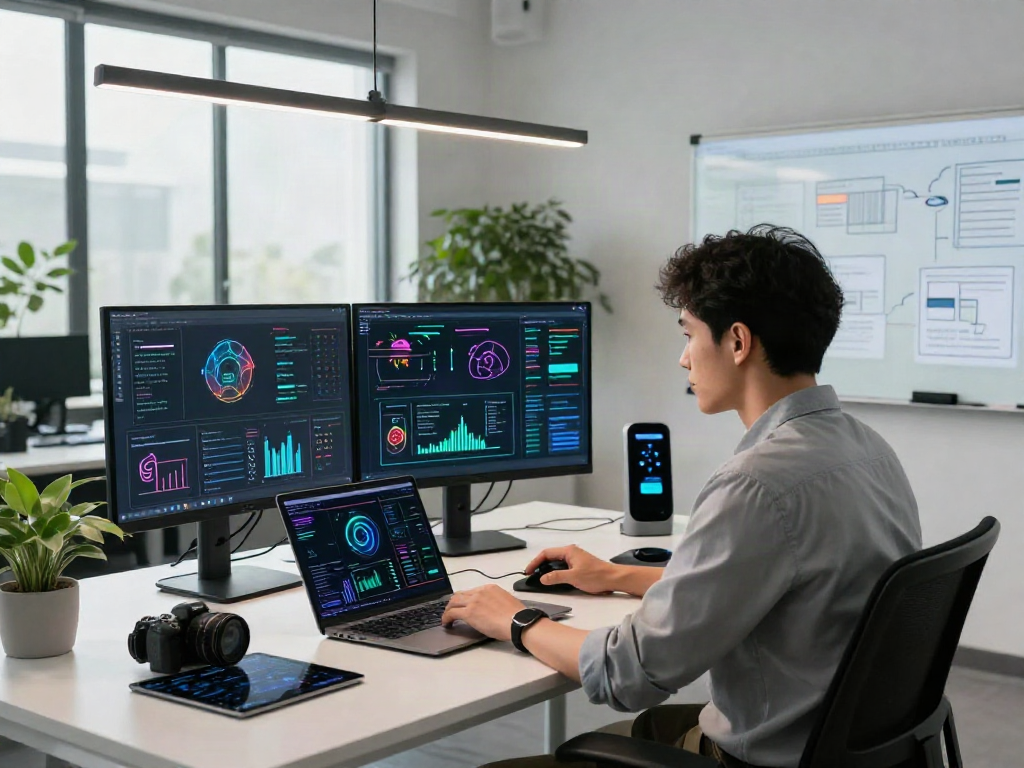 A data scientist analyzing spicy AI algorithms in a modern, dynamic tech workspace featuring dual screens and vibrant visualizations.