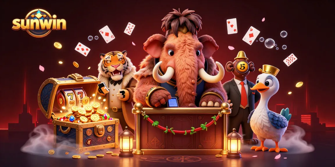 Experience the excitement of Sunwin with a vibrant casino scene featuring a woolly mammoth bouncer, VIP tiger guest, and treasure-filled underwater world.