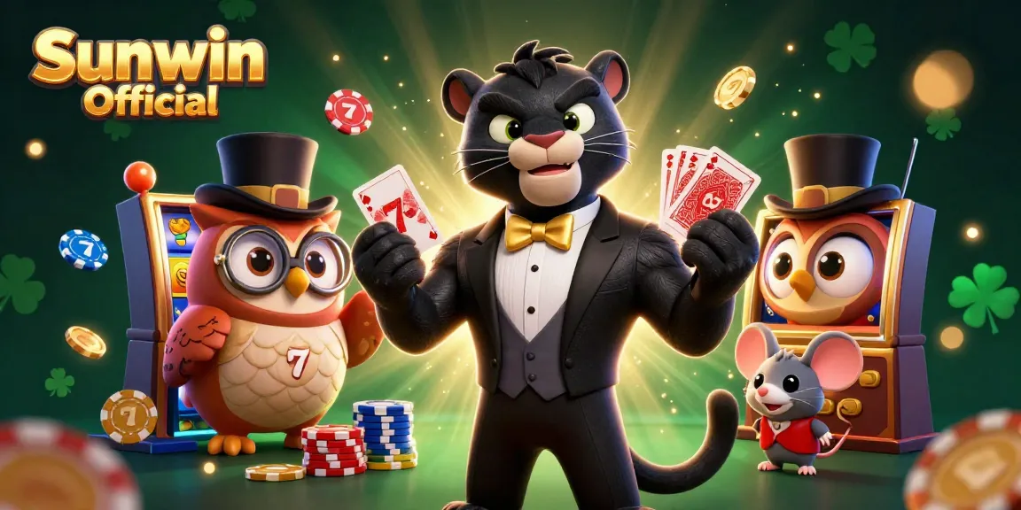 Join Sunwin Official at the vibrant casino scene with a stylish panther dealing cards, an owl holding poker chips, and a lucky mouse.