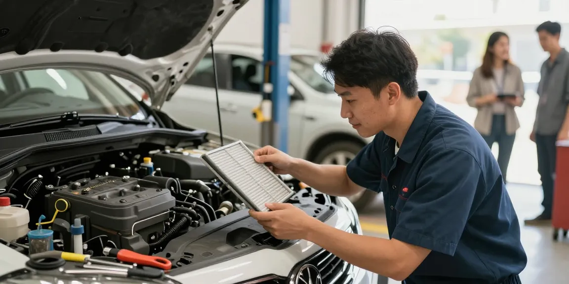 A licensed professional checking a car cabin filter in a local auto service shop, showcasing trusted local services for reliable maintenance.