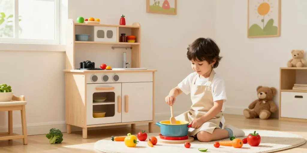 Child playing with a wooden kitchen set, stirring pretend soup and surrounded by colourful toys, in a bright playroom.