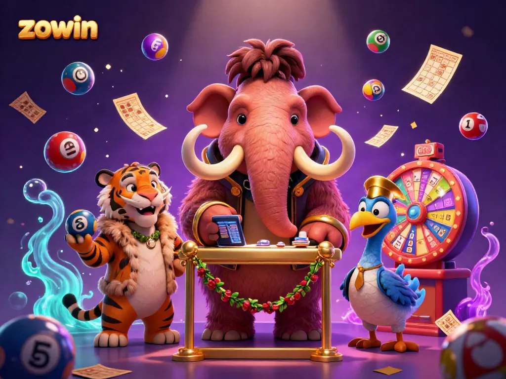 Zowin casino scene with a mammoth bouncer, saber-tooth VIP, and colorful lottery elements.