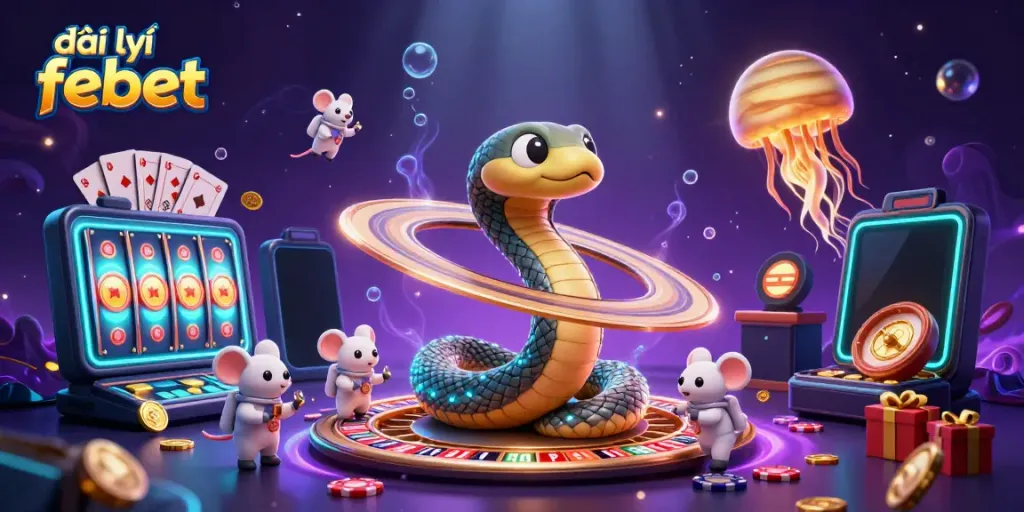 Engage with đại lý febet's cosmic casino where mice bet on a roulette ring, surrounded by vibrant gaming elements.