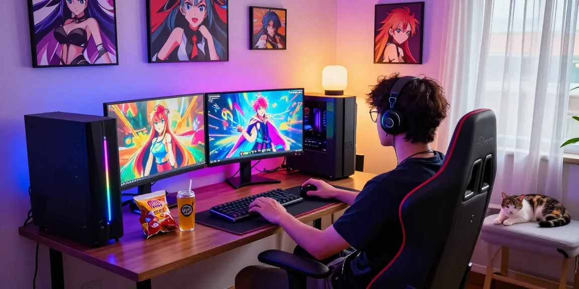 Engaged gamer playing an online hentai game in a vibrant room with colorful graphics and cozy ambiance.