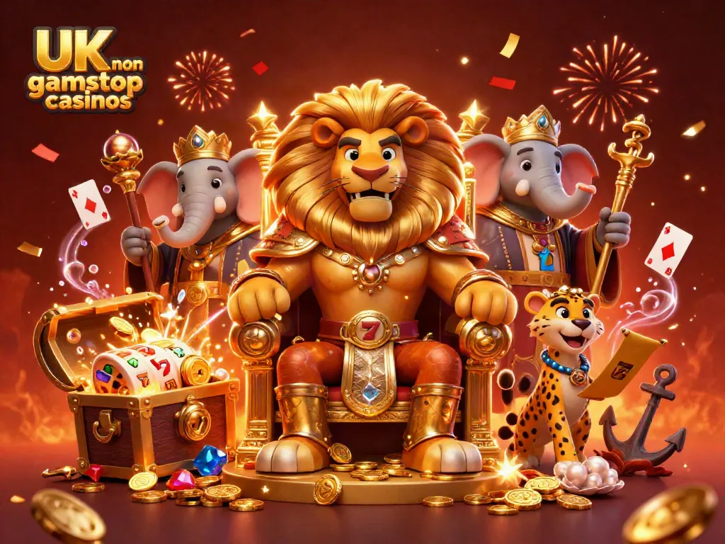 Engage with UK non gamstop casinos in a vibrant setting featuring a lion king and magical elements.