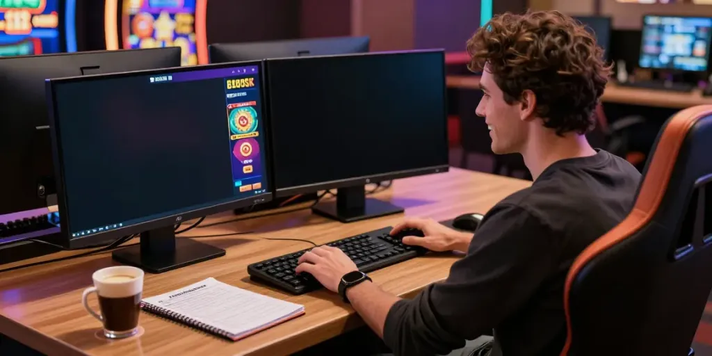 Engaged player at a sleek gaming desk exploring Bonus Buy Slots on a vibrant laptop screen at https://stargazyinn.co.uk.