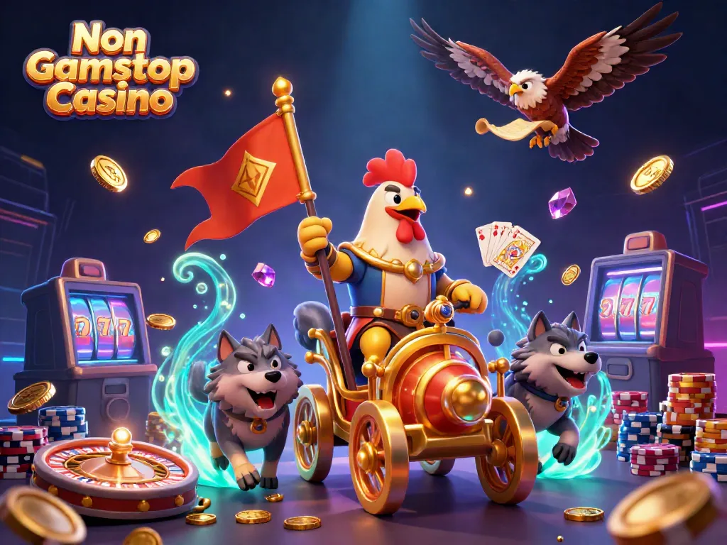 Experience the thrill of Non Gamstop Casino with a dynamic 3D battlefield featuring a war chariot and casino elements.