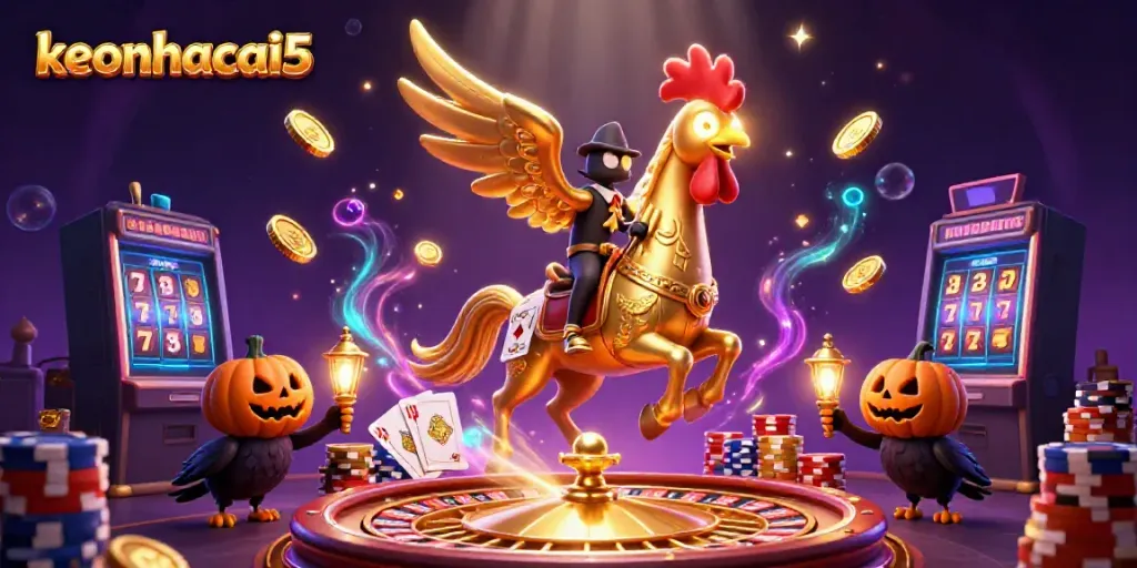 Experience the excitement of keonhacai5 with golden rooster gaming scene filled with sparkling elements and vibrant colors.