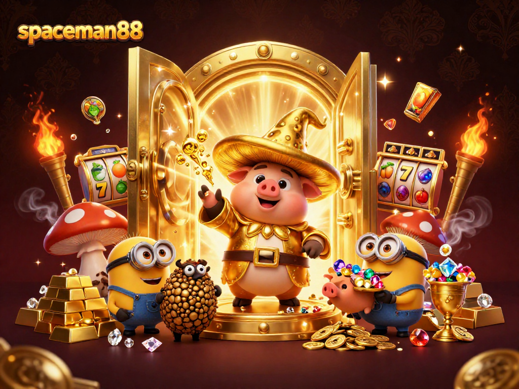 Spin and win at spaceman88 with a golden wizard, magic riches, and vibrant slot reels.