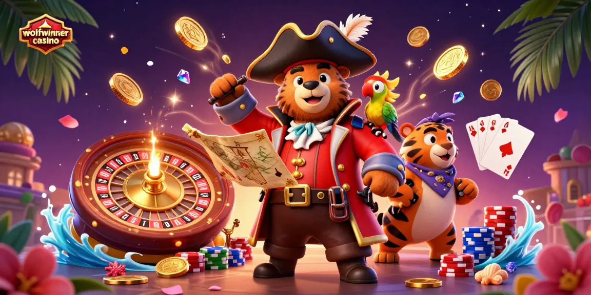 Experience the thrill at wolfwinner casino with a vibrant pirate adventure illustration featuring engaging casino elements.