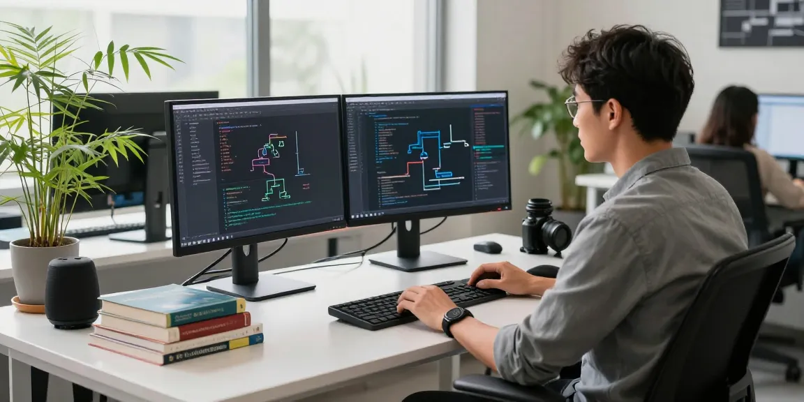 Professional workspace showcasing large language models development with dual monitors and innovative tech atmosphere.