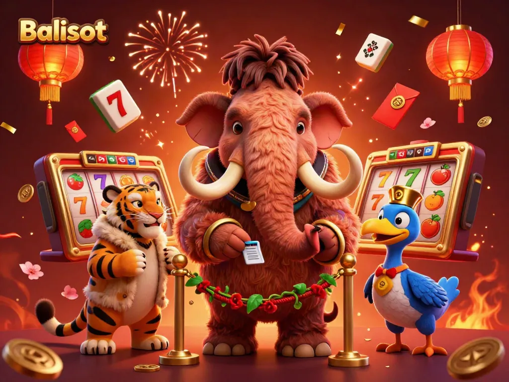 Experience the thrill of Balislot with a woolly mammoth bouncer and colorful casino elements in a vibrant scene.