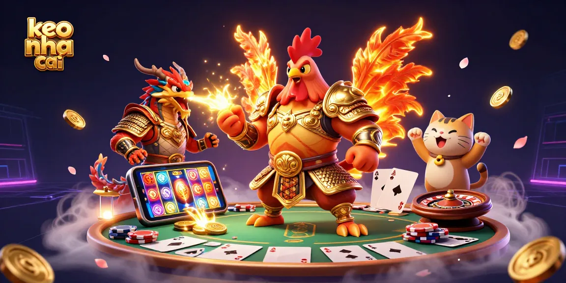 Engage with keo nha cai featuring a powerful rooster warrior, dragon hatchling, and gambling elements.