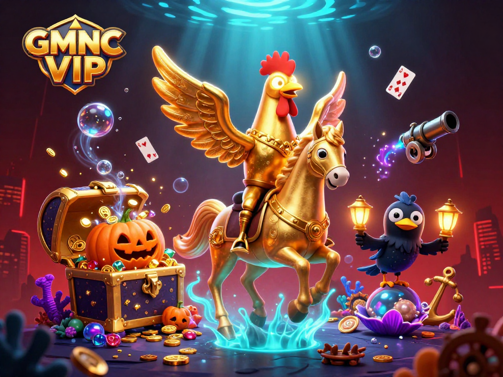 Experience GMNC VIP's magical world of gambling with a golden rooster leading the way in a vibrant casino setting.