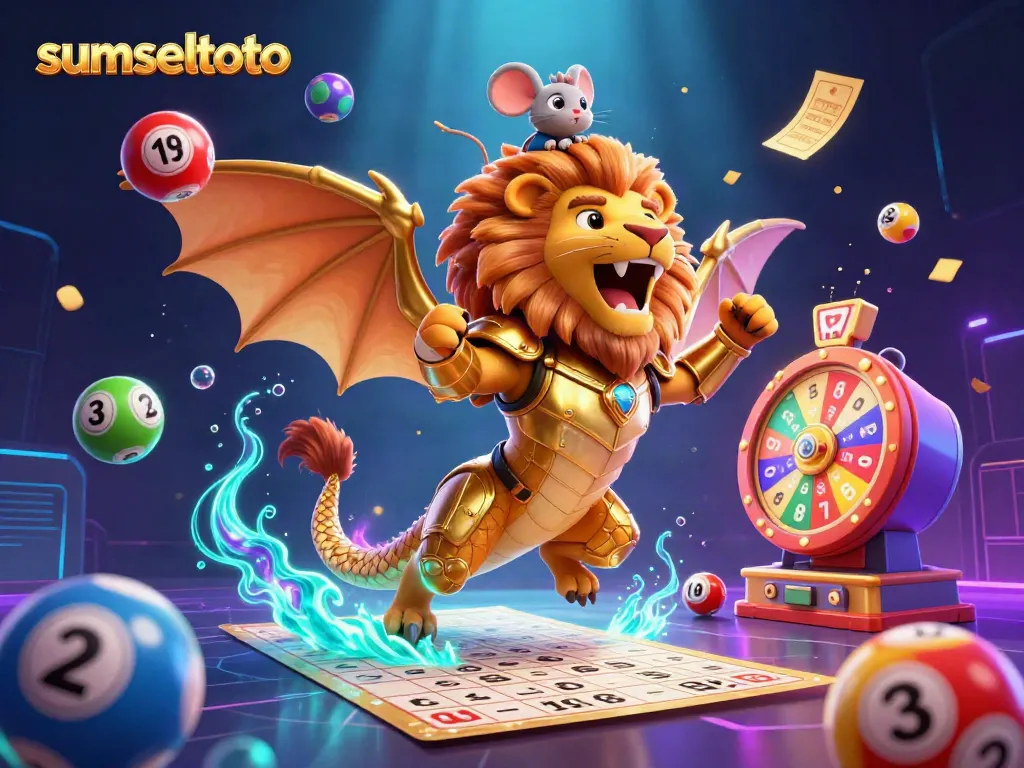 sumseltoto showcases a triumphant chimera and mouse jockey amid colorful lottery elements and vibrant visuals.
