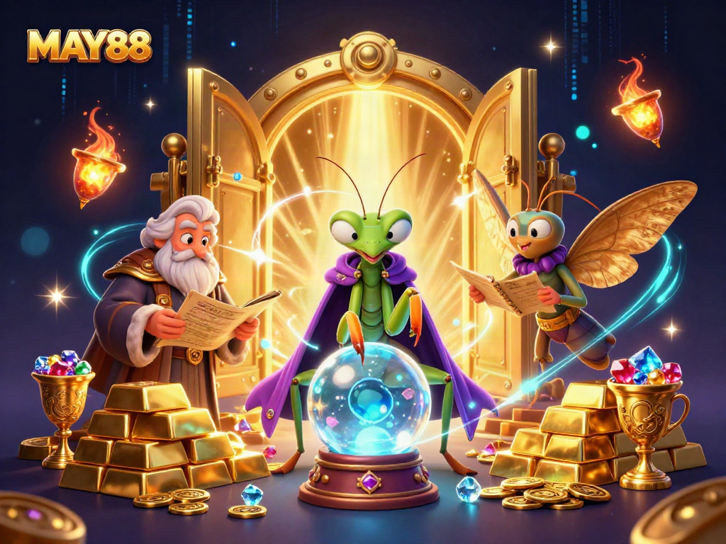 MAY88 offers thrilling fortune-telling insights among a vibrant casino treasure scene.