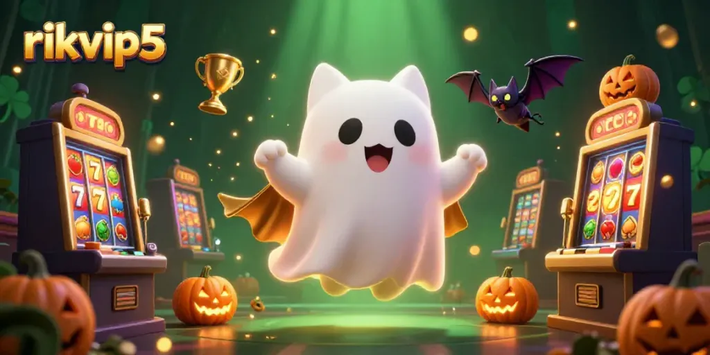 Engage with rikvip5's vibrant casino world featuring a ghost cat and bat amid glowing slot machines.