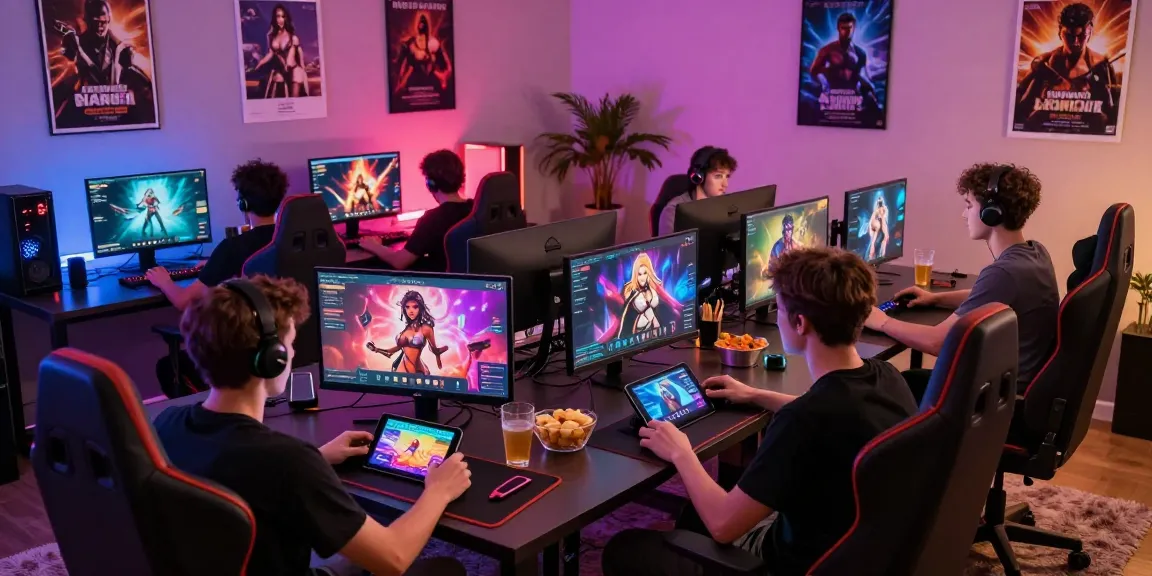 Play immersive porn games online in a vibrant gaming setup with friends.