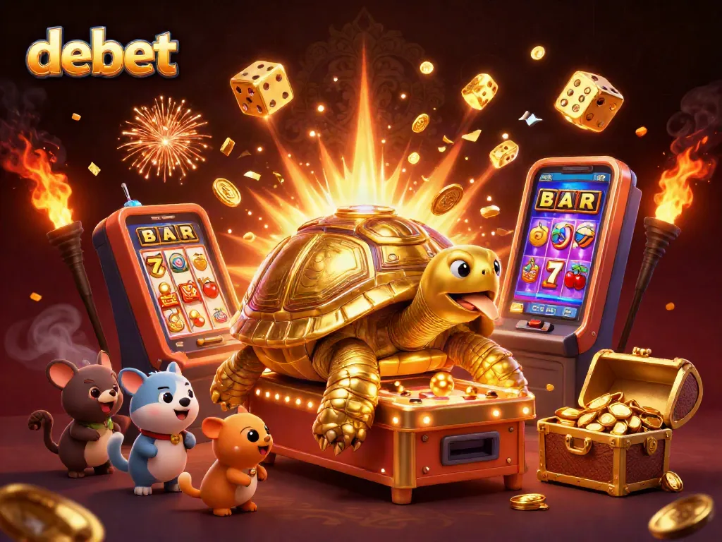 Experience the excitement of debet gambling through a vibrant 3D illustration of a golden tortoise and casino elements.
