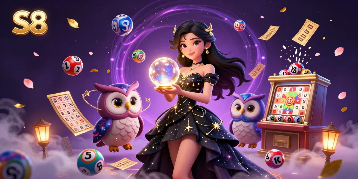 S8 casino graphic featuring a mystical woman with an owl, showcasing lottery balls and golden elements.