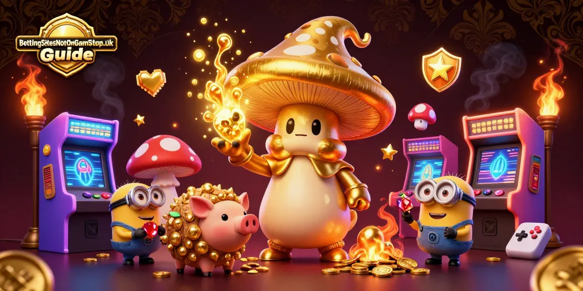 BettingSitesNotOnGamStop.uk guide features a whimsical scene with a golden mushroom wizard and magical elements of gaming and treasure.