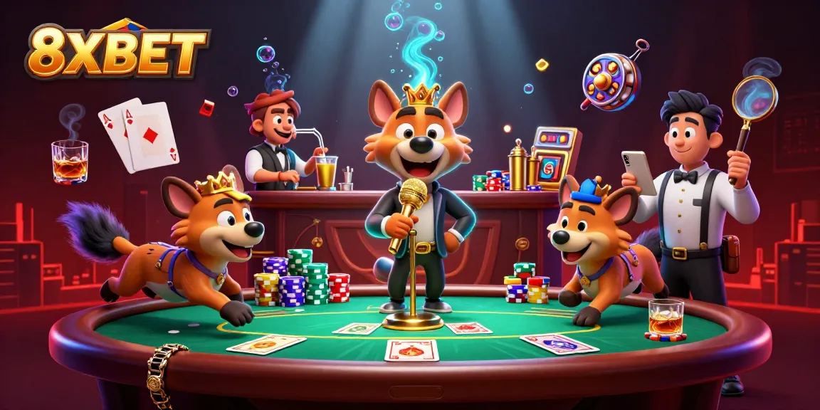 8XBET features a dynamic scene with hyenas in a comedy casino, showcasing poker and slot elements.
