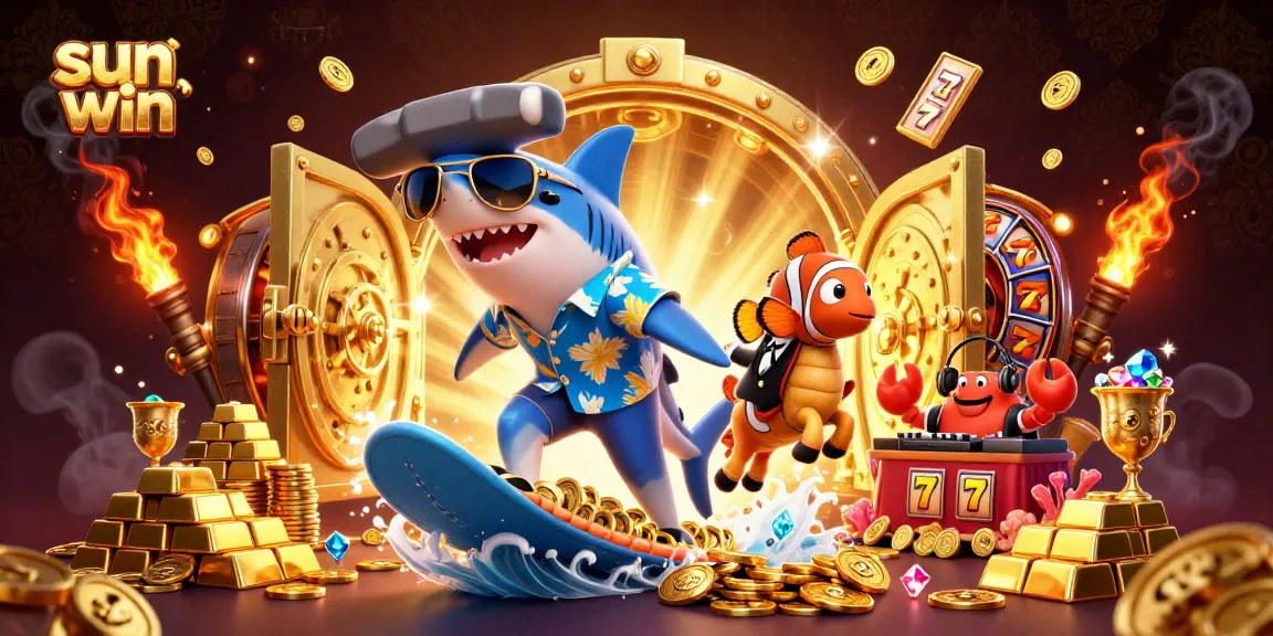 Experience the excitement of sun win with cartoon characters in a vibrant casino scene filled with treasures.